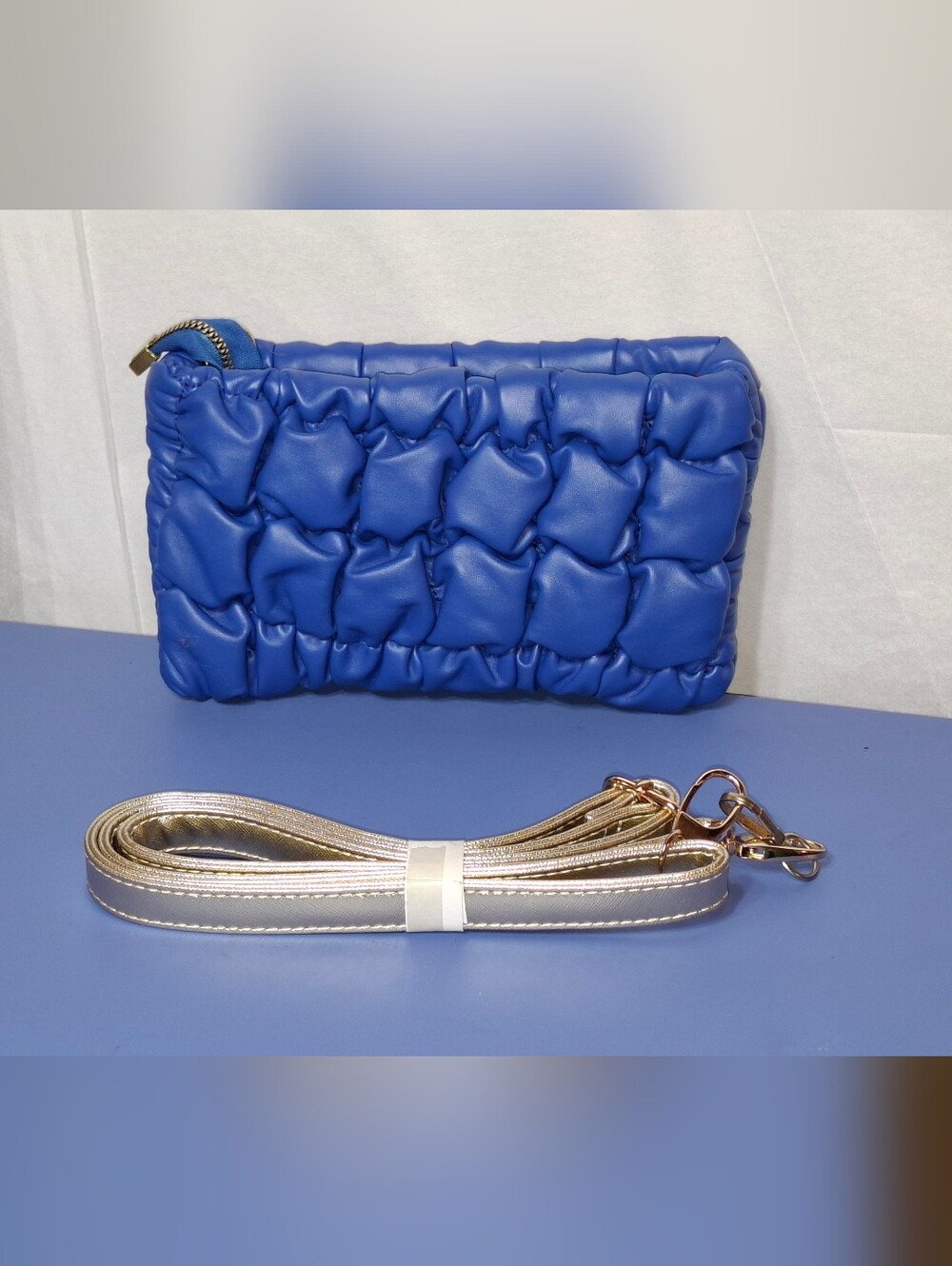 Blue Quilted Crossbody Clutch with Metallic Strap